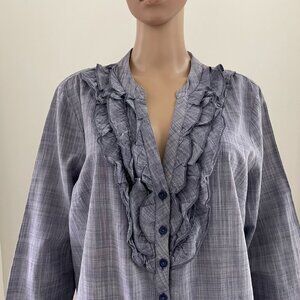 Sweet Magnolia Women X-Large Blue Button Up Ruffle V-Neck 100% Cotton Tunic Top